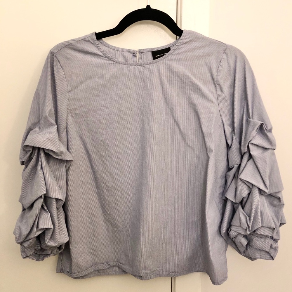 White & Blue Striped w/Ruffle Sleeves XS